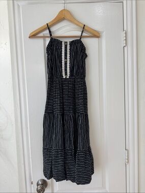 art class Black and White Striped Tiered Sundress with Button Placket